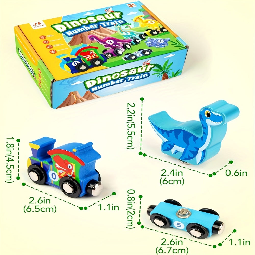 Magnetic Dinosaur Number Train – 11-Piece Wooden Train Toy with Dinosaur Engine & 10 Numbered Cars