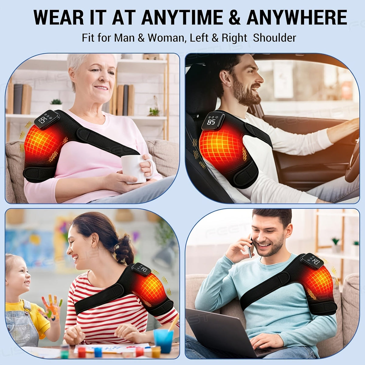 Cordless Heated Shoulder Massager with Vibration – 3 Heat Levels & 3 Vibration Intensities Electric Heating Pad for Shoulder, Elbow & Knee Pain Relief, LED Touch Screen, USB & Battery Powered