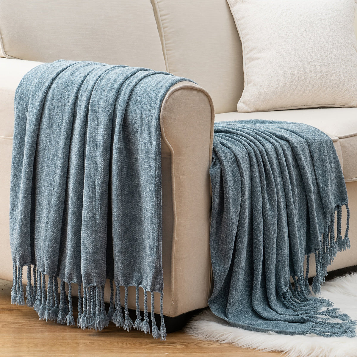 Chenille Fringe Throw Blanket – 180-200gsm Velvety Soft Decorative Throw for Sofa & Couch, Home Decor, 50”×60”, 17 Colors