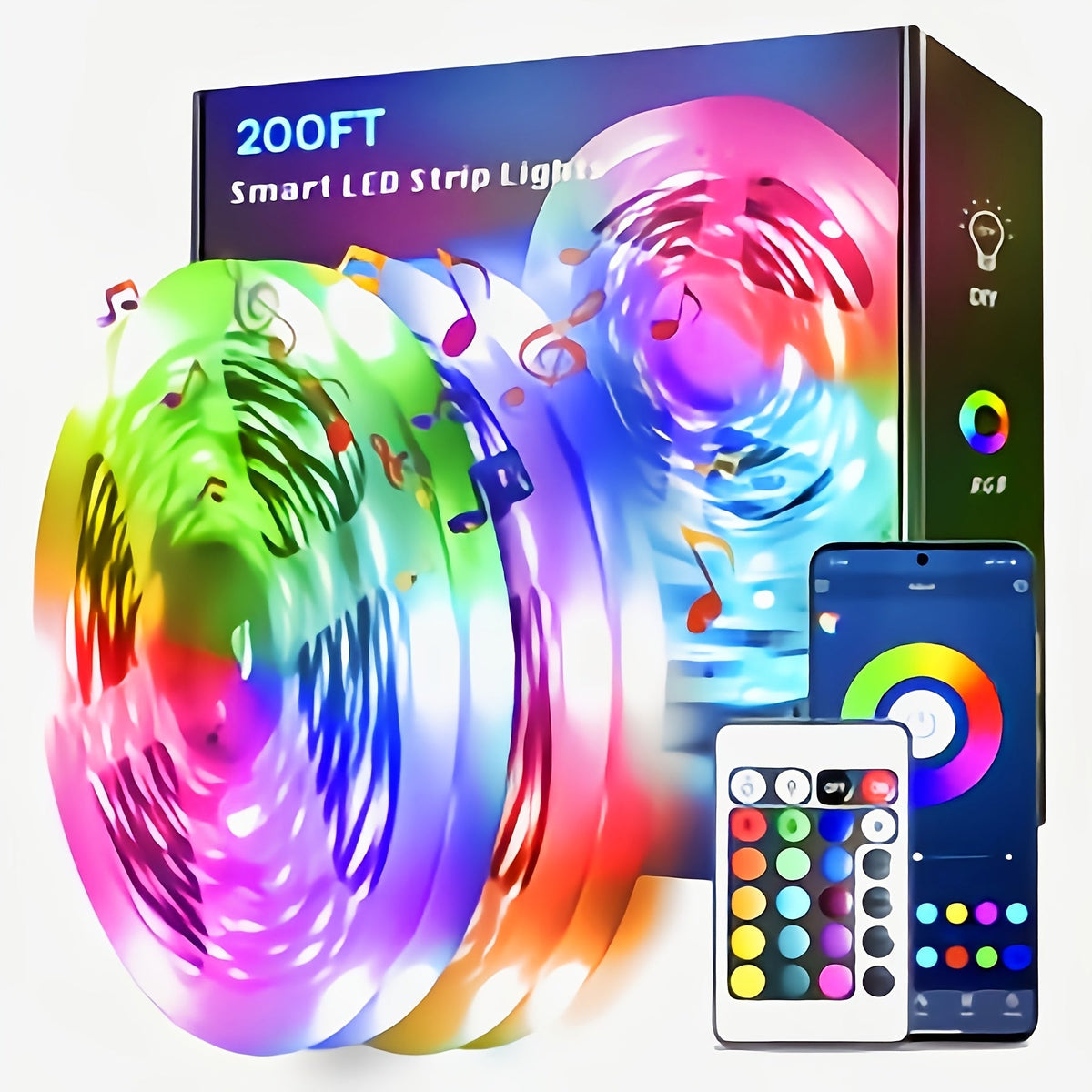 RGB LED Strip Lights Music Sync Color Changing – App & 24-Key Remote Control Dimmable Timer Adhesive LED Light Strip for Bedroom Dorm Ceiling TV Holiday Decor – 6.56FT to 260FT