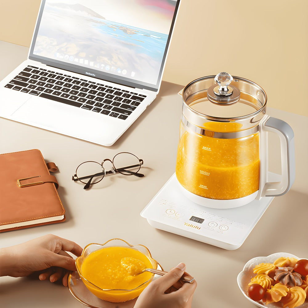 Electric Health Pot Smart Kettle 1.8L Thickened Glass 18 Smart Functions Removable Filter Multi-Functional for Tea Herbal Brewing Camping Home US Plug White