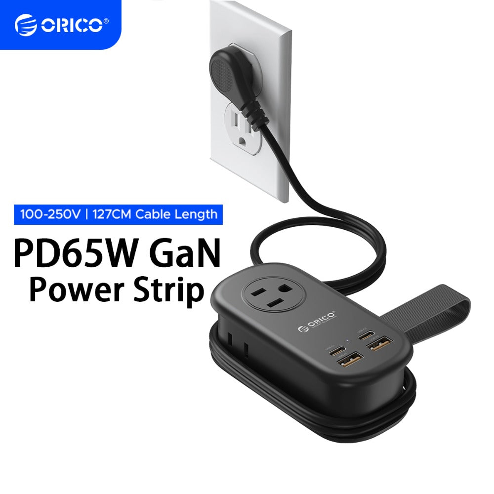 GaN 65W Portable Power Strip Fast Charging - 3 AC Outlets, 2 USB-C & 2 USB-A Ports, Flat Plug, 50-inch Cable, Compact Travel Charging Station for Laptop Tablet Phone Home Office Studio