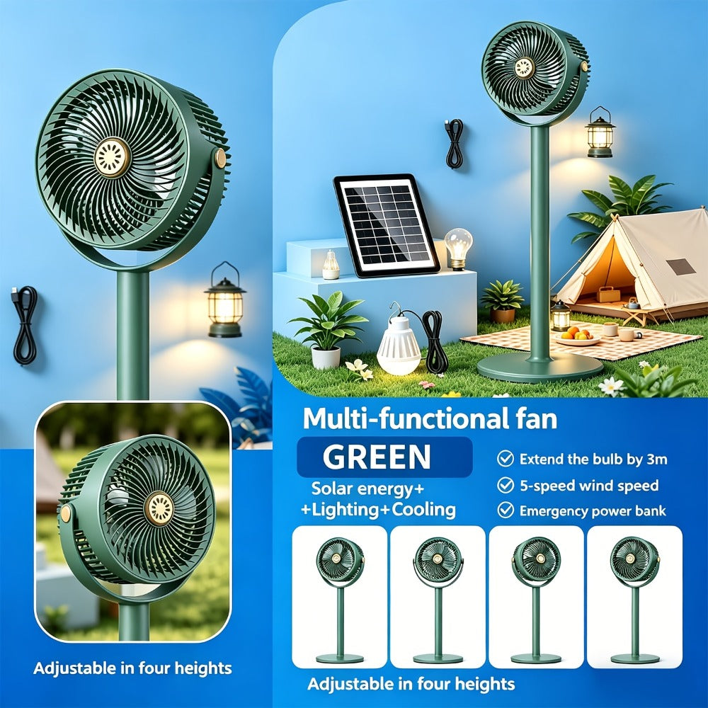 Solar Floor Fan 33-Inch Rechargeable 4000mAh USB Standing Fan Power Bank 2-in-1 360° Tilt 5-Speed 4-Height Adjustable for Indoor Outdoor Courtyard RV Camping