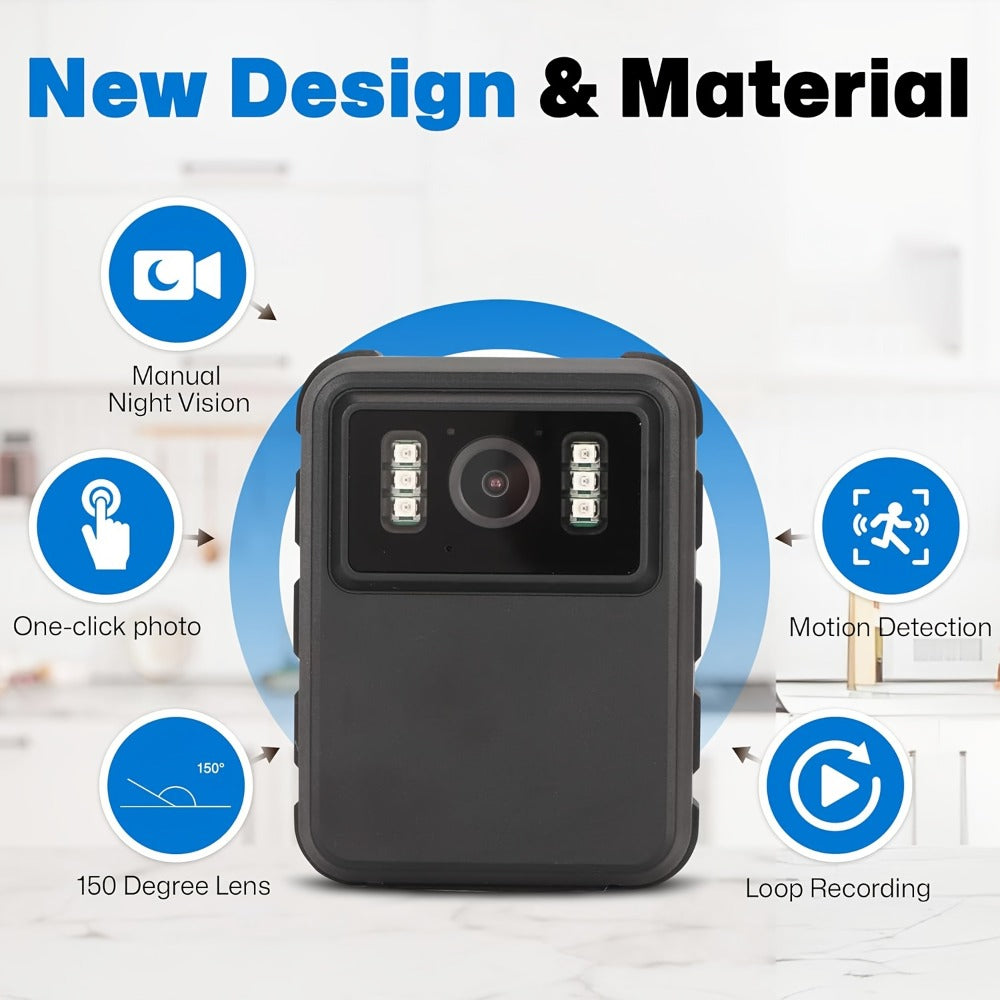 Body Camera with Night Vision & Audio Recording | 150° Wide Angle, 1800mAh Battery, HD Video, Compact Wearable Security Camera for Law Enforcement, Security Guards, Outdoor Use (No SD Card)