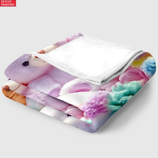 Teddy Bear Floral Throw Blanket with Colorful Flat Print for Sofa & Bed