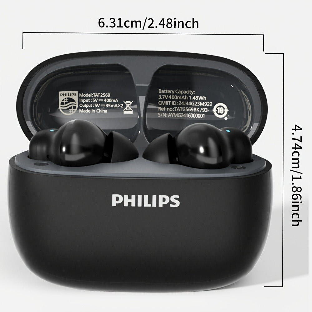 Philips TAT2569 Active Noise Reduction Wireless Earbuds, Dual Beamforming Mics 18H Playtime Bluetooth 5.4, Touch Control Secure Sport Fit Type-C Charging, Compatible with iPhone Android, Gift for Men Women