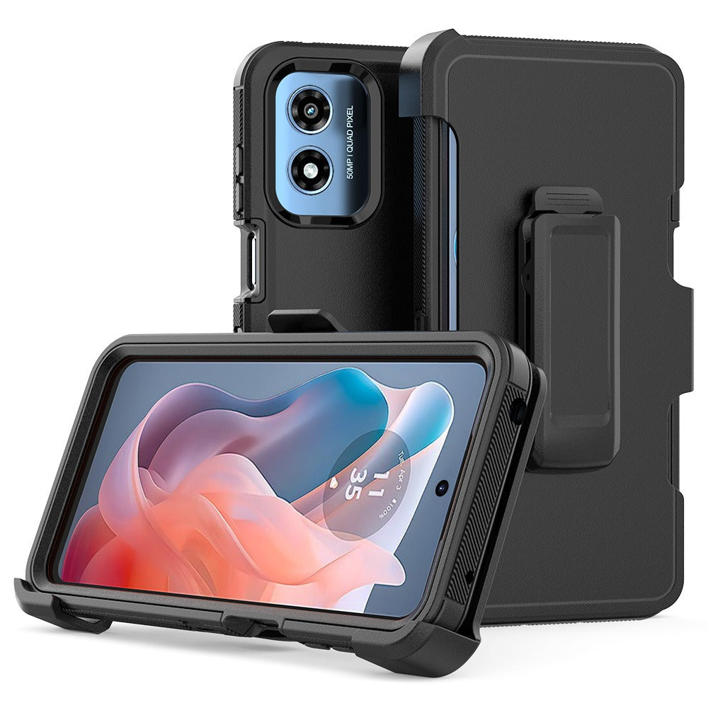 Moto G Play 2024 Heavy Duty Case Belt Clip Holster Kickstand - 3-in-1 Rugged Shockproof Protective Cover with Multi-Layer Drop Protection for Motorola Moto G Play 2024, Black Orange Blue Purple Green