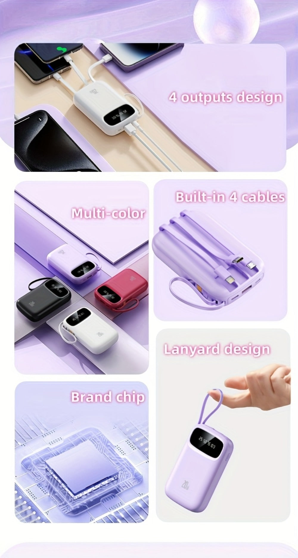 Portable Charger 10000mAh with Built-In 3 Cables Lightning USB-C Micro-USB 22.5W Super Fast Charging Cute Cartoon Mini Power Bank for iPhone Android Travel Backup Battery – Purple Black Red White