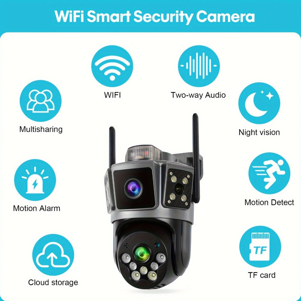 Dual Lens 3-Scene Security Camera WiFi Outdoor Indoor 355° Pan Tilt with Color Night Vision, AI Motion Sensor Alarm, Remote Monitoring, Cloud Storage & SD Card Up to 256GB – Wire-Free Home Surveillance