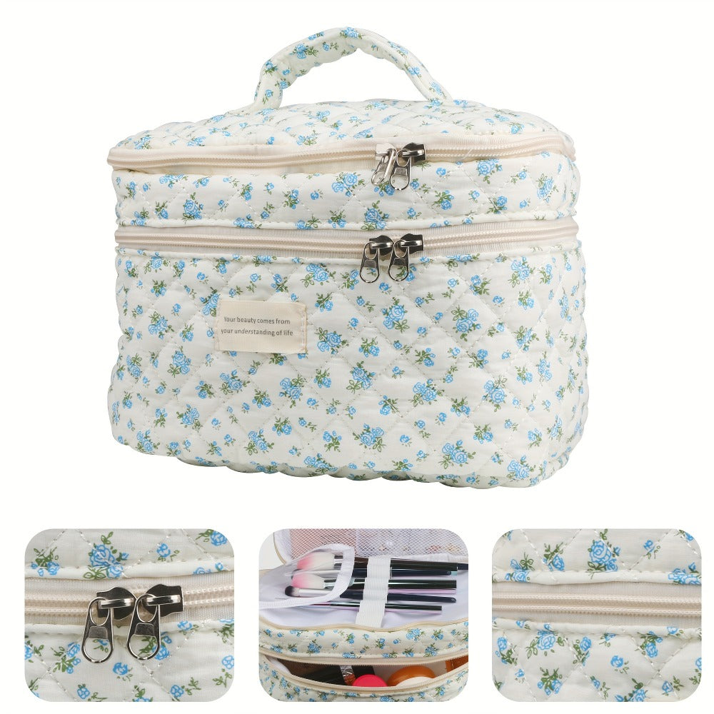 Makeup Bag Set 3 PCS Quilted Cotton Dual Layer Large Capacity Floral Coquette Aesthetic Travel Cosmetic Bag Women Toiletry Organizer Cute Soft Fabric Pouch Blue Pink Purple 6 Styles