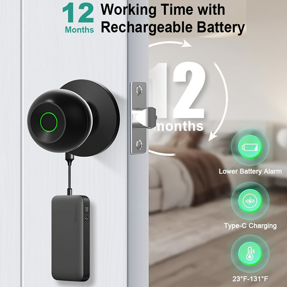 K10 Rechargeable Smart Door Knob with Fingerprint & App Control - 3-in-1 Keyless Entry, Entrance/Passage/Privacy Mode, Built-In Lithium Battery, No Battery Replacement, Matte Black & Brushed Nickel