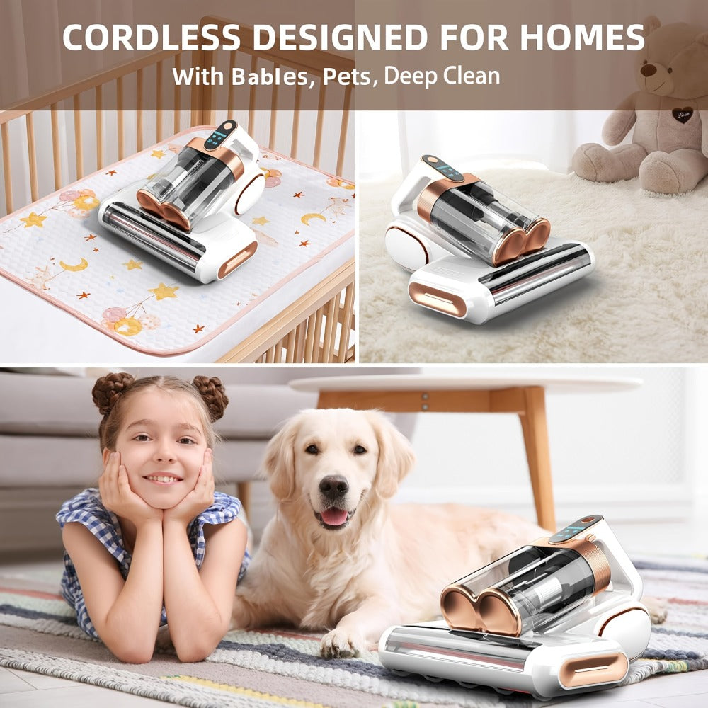 Mattress Vacuum Cleaner Handheld Bed Cleaner – 16KPa Strong Suction with UVC Light & Hot Air Heating, Deep Clean for Pillows, Sofa, Crib & Pet Hair, Double Cup Design, White or Purple