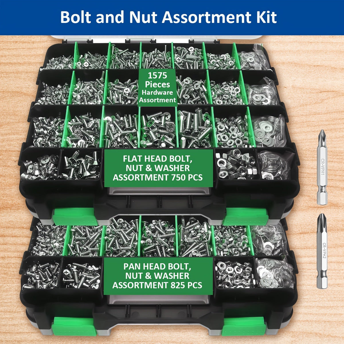 1575pcs 304 Stainless Steel Nuts and Bolts Assortment Kit – Pan Head Flat Head Screws Nuts Washers with Double-Sided Storage Box for Home & Mechanical Repairs