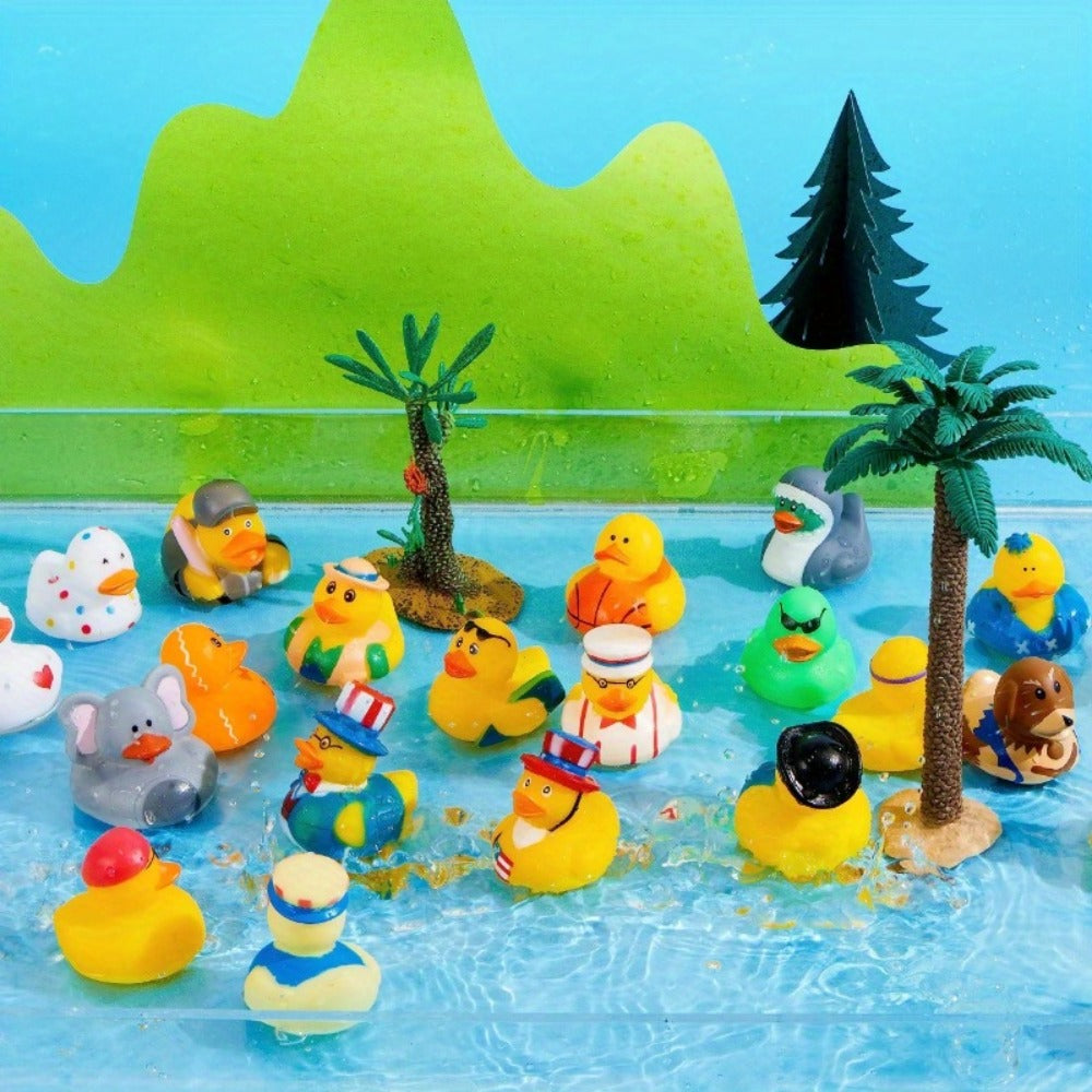 30 Pack Mini Rubber Ducks Assorted with Mesh Bag – 2" Floating Bath Toys for Kids, Variety Zoo Animal Unicorn Pirate Designs, Baby Shower Party Favors, Birthday Gifts for Boys & Girls