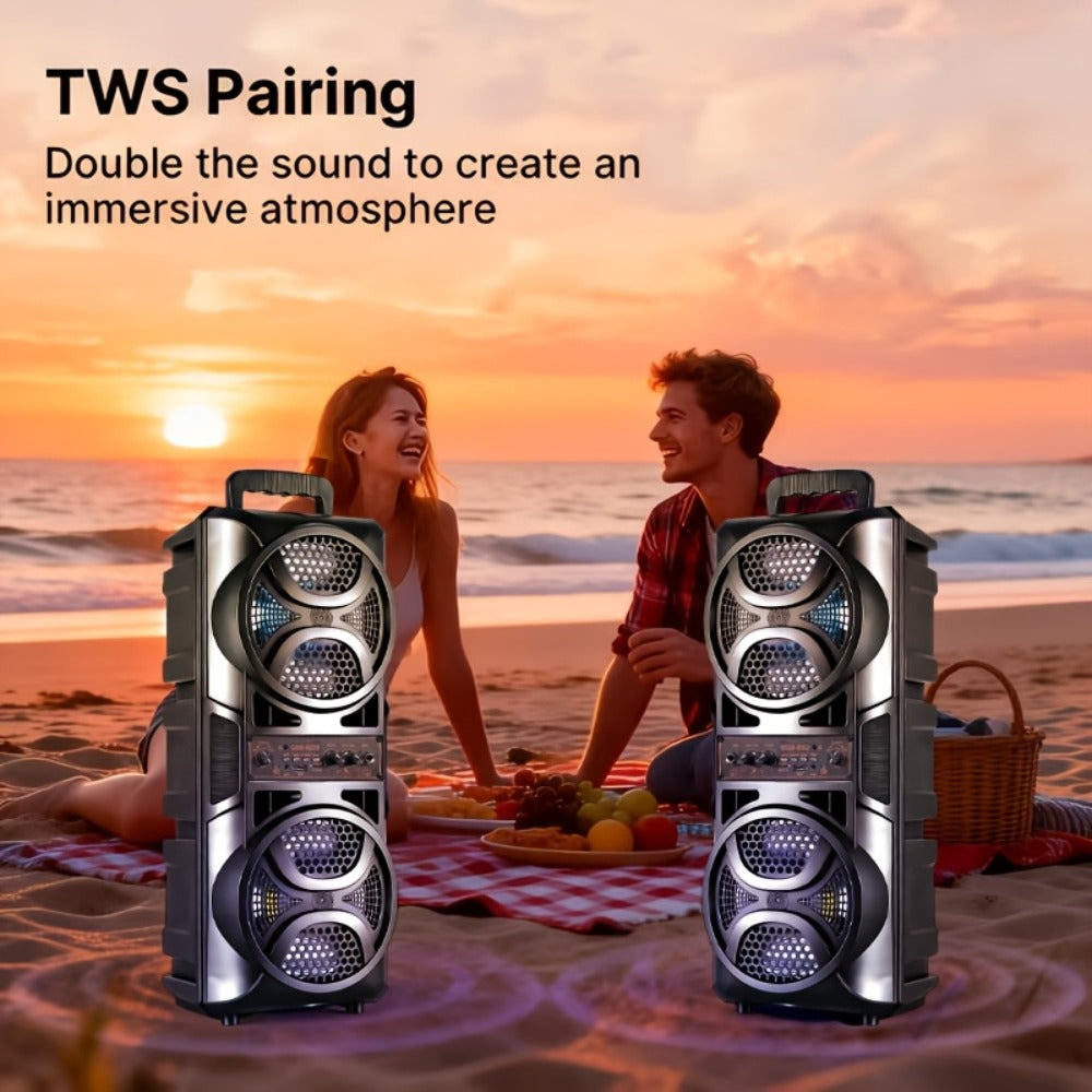 RGB Dual Speaker Portable Bluetooth Stereo Sound System with Subwoofer, Ambient Lighting, Two Speaker Sizes, Deep Bass for Party, Camping, Home Entertainment