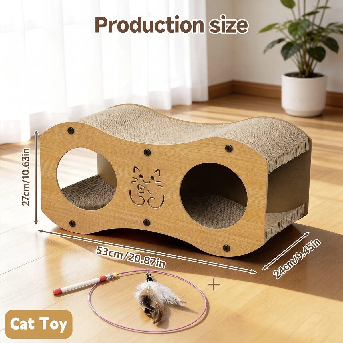 Cat Scratching Post with Integrated Cat Bed - Sturdy Walnut Wood Base, 4-Season Woven Scratch Pad, Indoor Cat Scratcher Lounge for Scratching, Lounging & Play, Oak Color with Optional Cat Toy