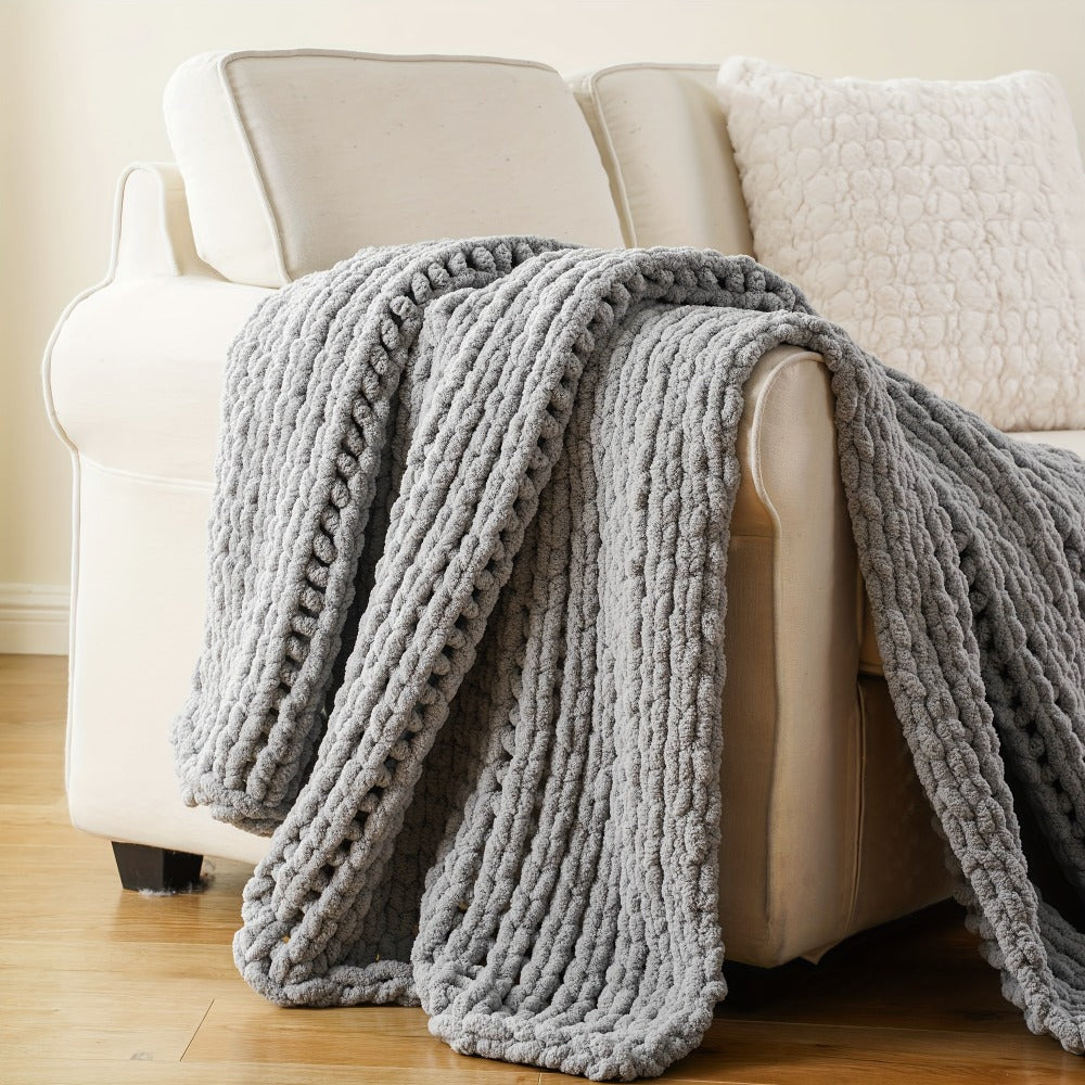 Chunky Chenille Cable Knit Throw Blanket – 350-400gsm Soft Warm Crochet Throw for Sofa, Bed & Couch, Vintage Patchwork, 14 Colors