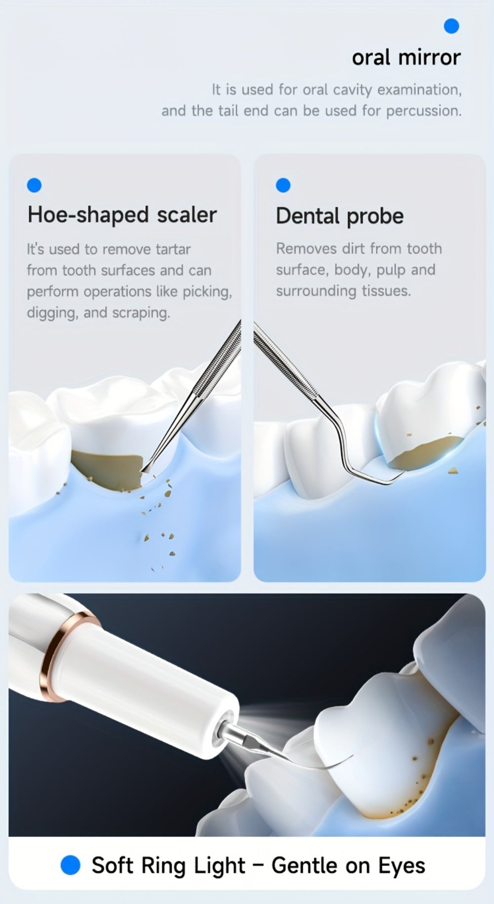 Electric Tooth Cleaner Tartar Remover Rechargeable - 5 Speed Modes, LED Light, USB Charging, 2 Replaceable Brush Heads, Dental Plaque Scraper for Teeth Whitening, Stain & Tartar Removal, Dental Mirror