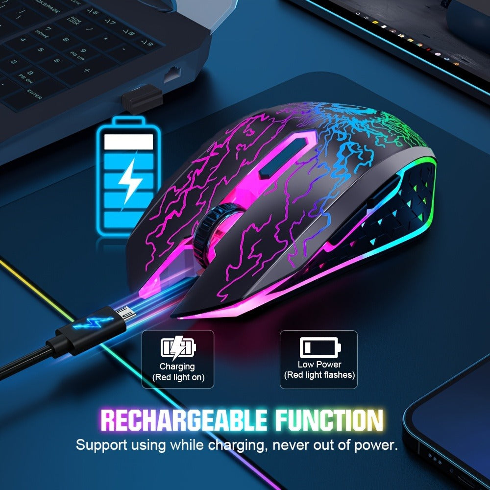 RGB Wireless Gaming Mouse Rechargeable Silent Click Colorful LED Lights 2.4G USB Nano Receiver USB-C Charging PC Mac Laptop Desktop Chromebook Black White Pink