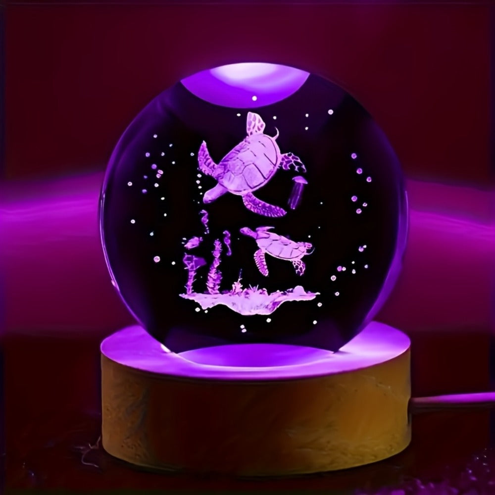 3D Sea Turtle Crystal Ball Night Light – LED Color Glow Glass Orb Lamp with Bamboo Base, Ocean Animal Figurine Desk Light for Home Bedroom Decor, Unique Gift for Turtle Lovers, Elders & Friends (2.36in)
