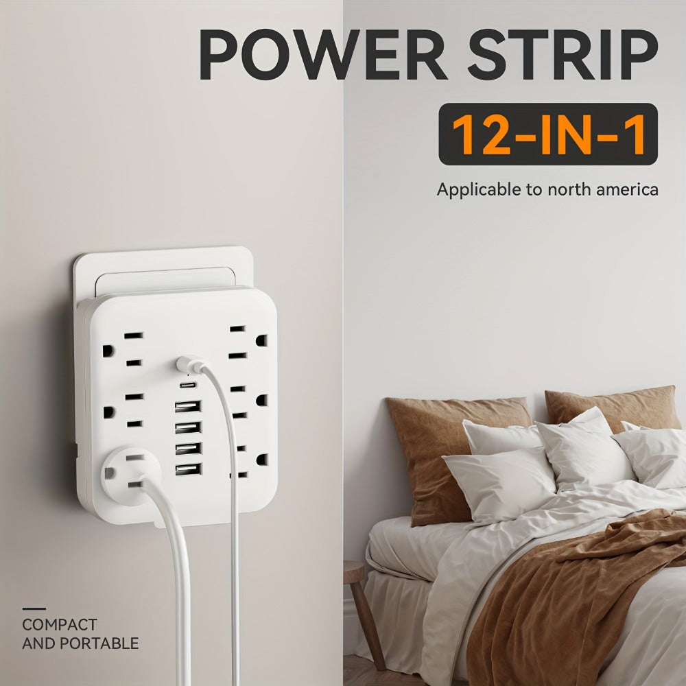 Wall Power Strip 12-in-1 with 6 AC Outlets & 6 USB Ports (2 USB-C) – Compact Space-Saving Plug, 110-130V US Plug for Home & Office – White & Black