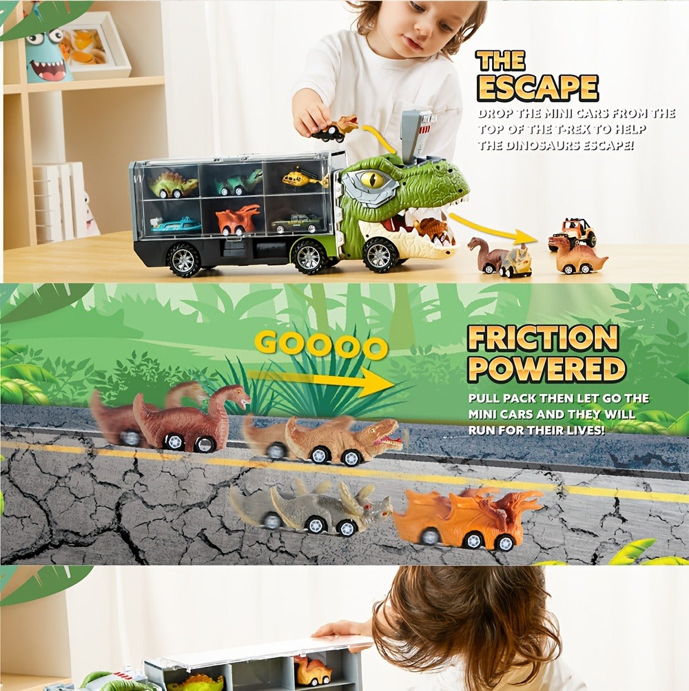 Dinosaur Truck Toy Set, 13-Piece Carrier with Mini Cars and Helicopter