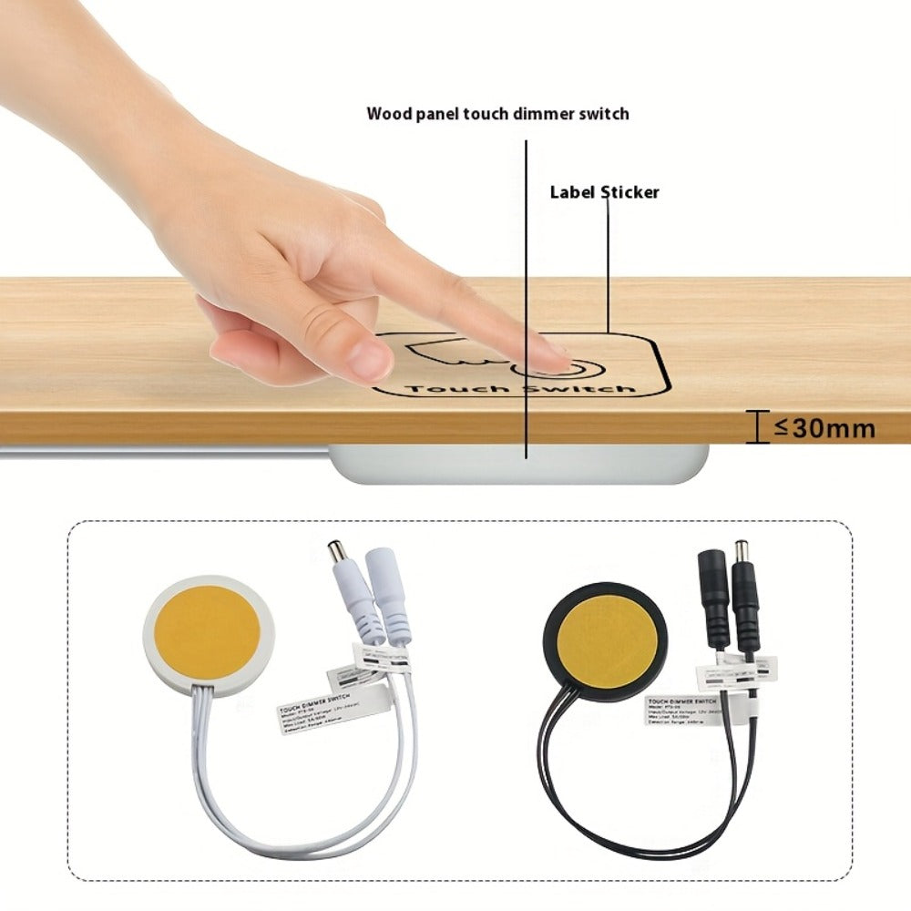 Hidden Touch Sensor LED Dimmer Switch DC 5-24V – Capacitive Touch Dimming Switch for LED Light Strip, 5A 48mm No-Drill Adhesive Mount, Works Through Wood Glass Plastic, Black & White