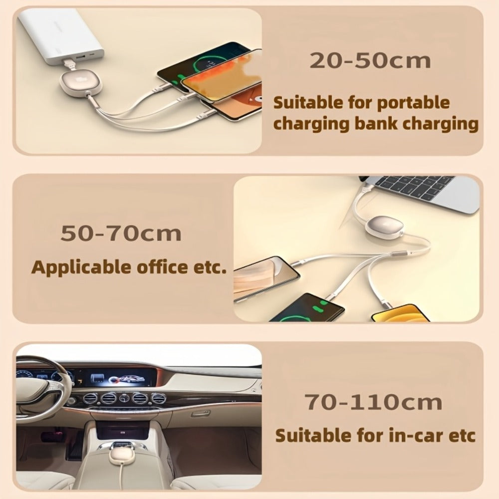 Retractable 3-in-1 Charging Cable 100W Fast Charge – USB-C Micro USB Lightning Multi Connector 1.2m 480Mbps Data Sync for iPhone 15 14 13 12 11 Samsung Galaxy Android – Tangle-Free Travel Cable 6 Colors