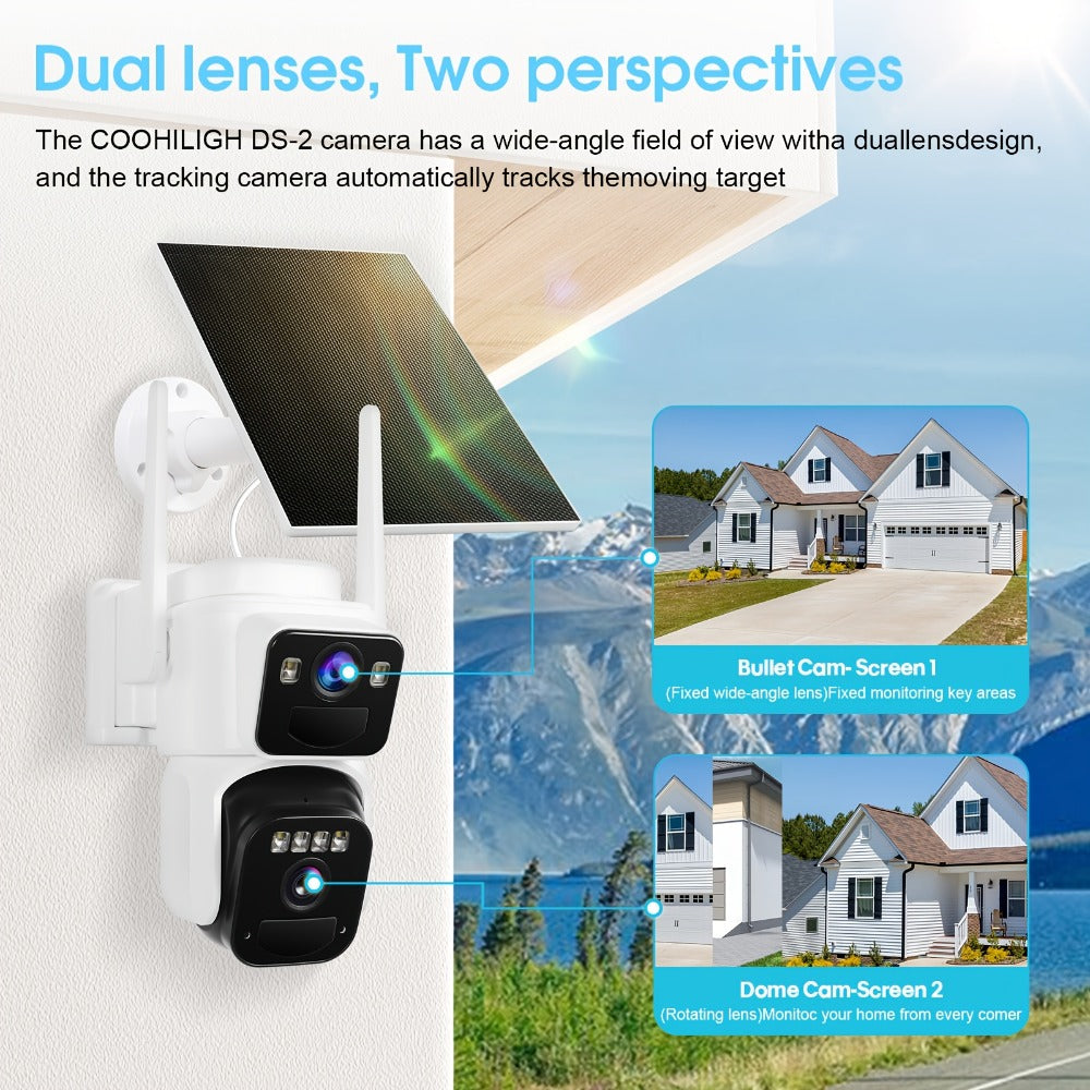 Dual Lens Solar Security Camera Outdoor Wireless WiFi Battery Powered with Color Night Vision, PIR Motion Detection, Two-Way Audio, Spotlight Alarm & 256GB TF Card Support – Wire-Free CCTV Surveillance