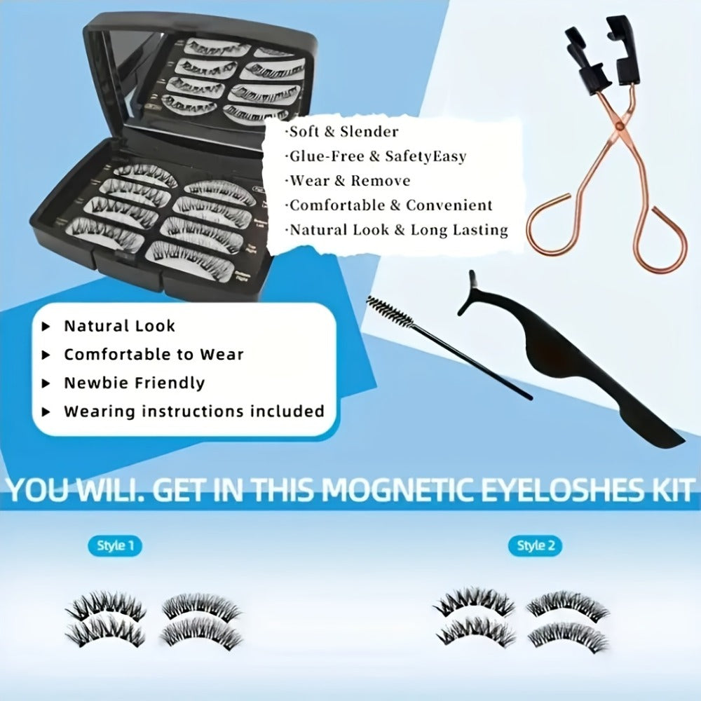 3D Quantum Magnetic Lash Clusters Kit 8Pcs — No Glue False Eyelashes with Applicator Tweezers & Brush, 2 Styles Reusable Beginner-Friendly Natural Lash Set for Daily Makeup, Parties & Valentine Gift