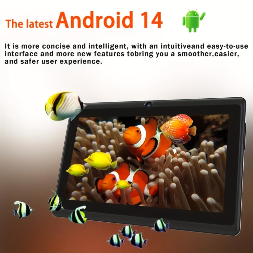 Portable Android 14 Tablet 7 Inch 32GB Storage 512GB SD Expandable Quad-Core 1024x600 IPS HD Touchscreen Dual Camera 2.4G WiFi Lightweight Budget Tablet PC for Browsing Streaming Reading Travel White Black Pink