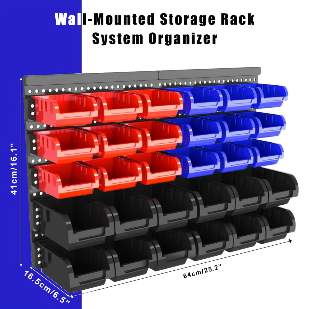 Wall Mounted Storage Bin Rack System – Heavy Duty Small Parts Organizer for Screws, Nuts, Bolts & Nails | Stackable Garage Workshop Tool Storage Rack | 30/60/90 Bins Hardware Organizer
