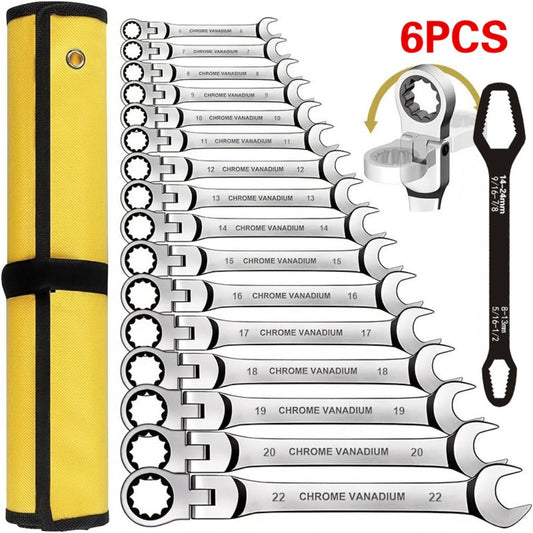 Flexible Head Ratchet Wrench Set, 6-Piece 72-Tooth Dual-End CR-V Steel Tools