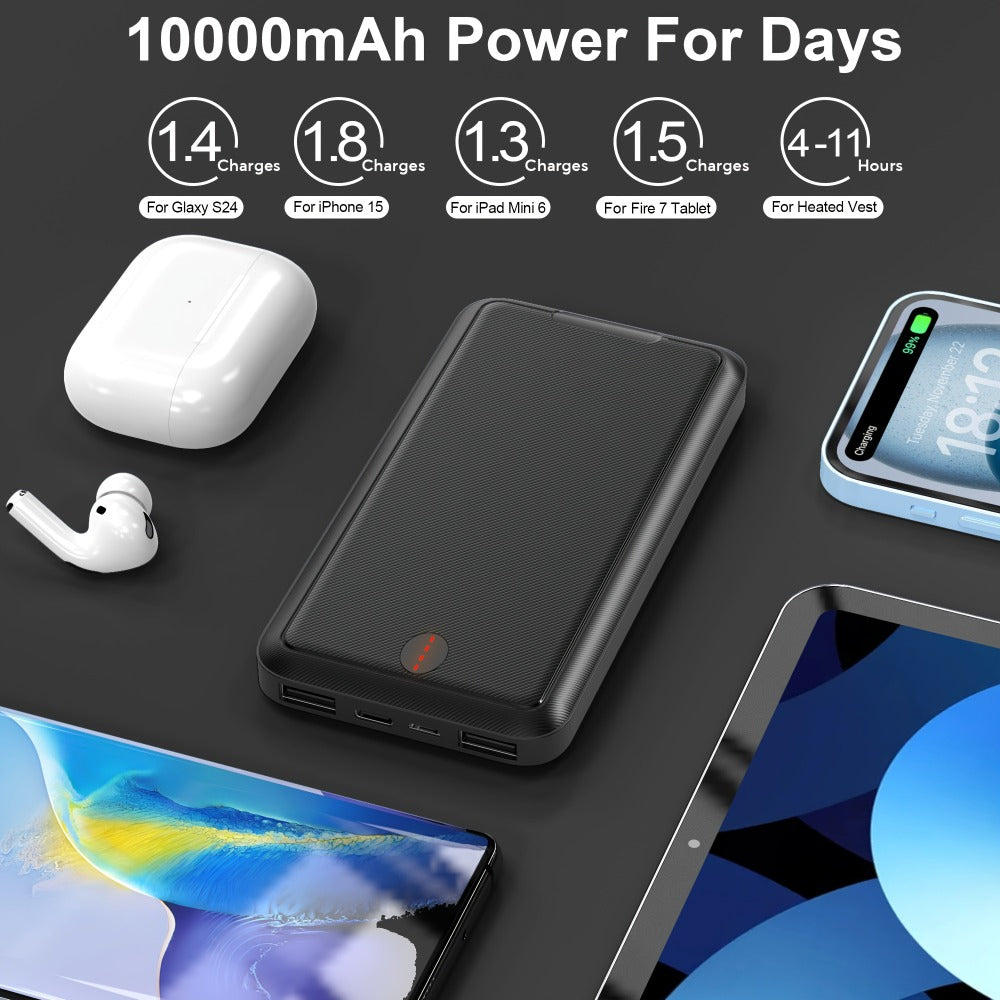 Outdoor Travel Portable Charger 10000mAh 5V/2A Battery Pack, Compact Backup Power Bank for Smartphones Tablets Heated Vest Heated Jacket Heated Clothes, Lightweight USB Charger for Men Women – Black & White