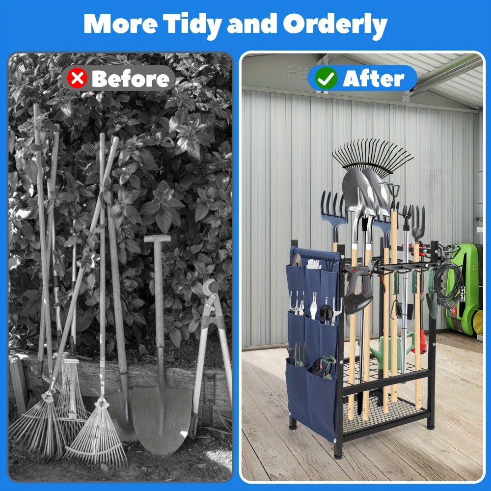 Tool Storage Rack with Storage Bag – Metal Yard Tool Organizer for Garage Holds 35 Long-Handled Tools, Broom, Shovel, Rake Stand Holder, Heavy Duty Freestanding Garden Tool Rack for Outdoor & Yard, Black