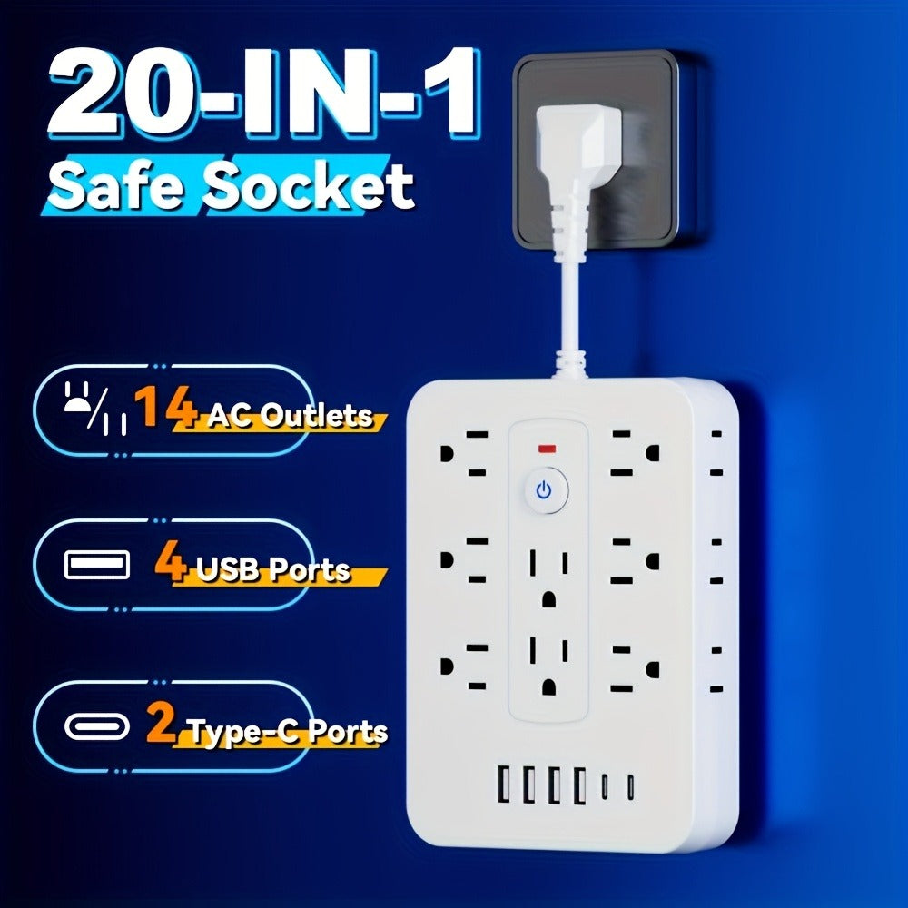 Compact Flat Plug Power Strip 20-in-1, 14 AC Outlets & 6 USB Ports (4 USB-A + 2 USB-C), Lightning Surge Protection, Space-Saving Extension Cord for Home Travel Office Kitchen – Overload Protection