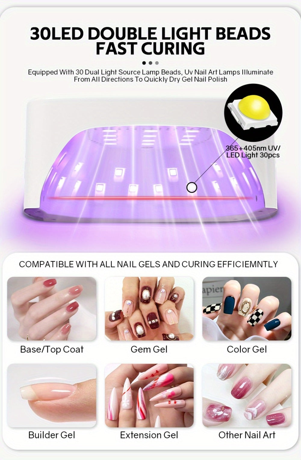 Rechargeable Wireless Nail Lamp 30 LED Beads 365+405nm UV Gel Curing Light 3 Timer Settings Infrared Sensor Portable Nail Dryer for All Gel Types Home Salon Use