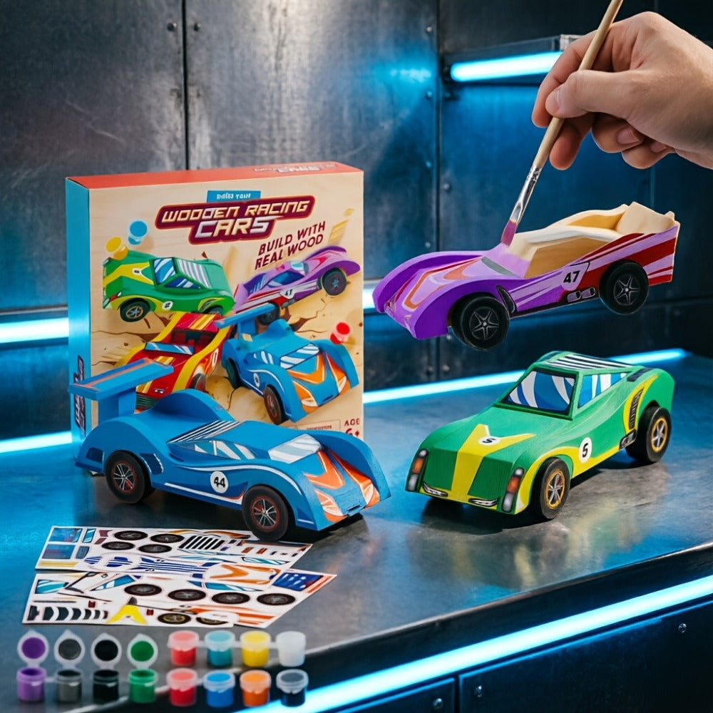 DIY Wooden Race Car Kit, 4 Cars to Build and Paint for Kids Ages 8+