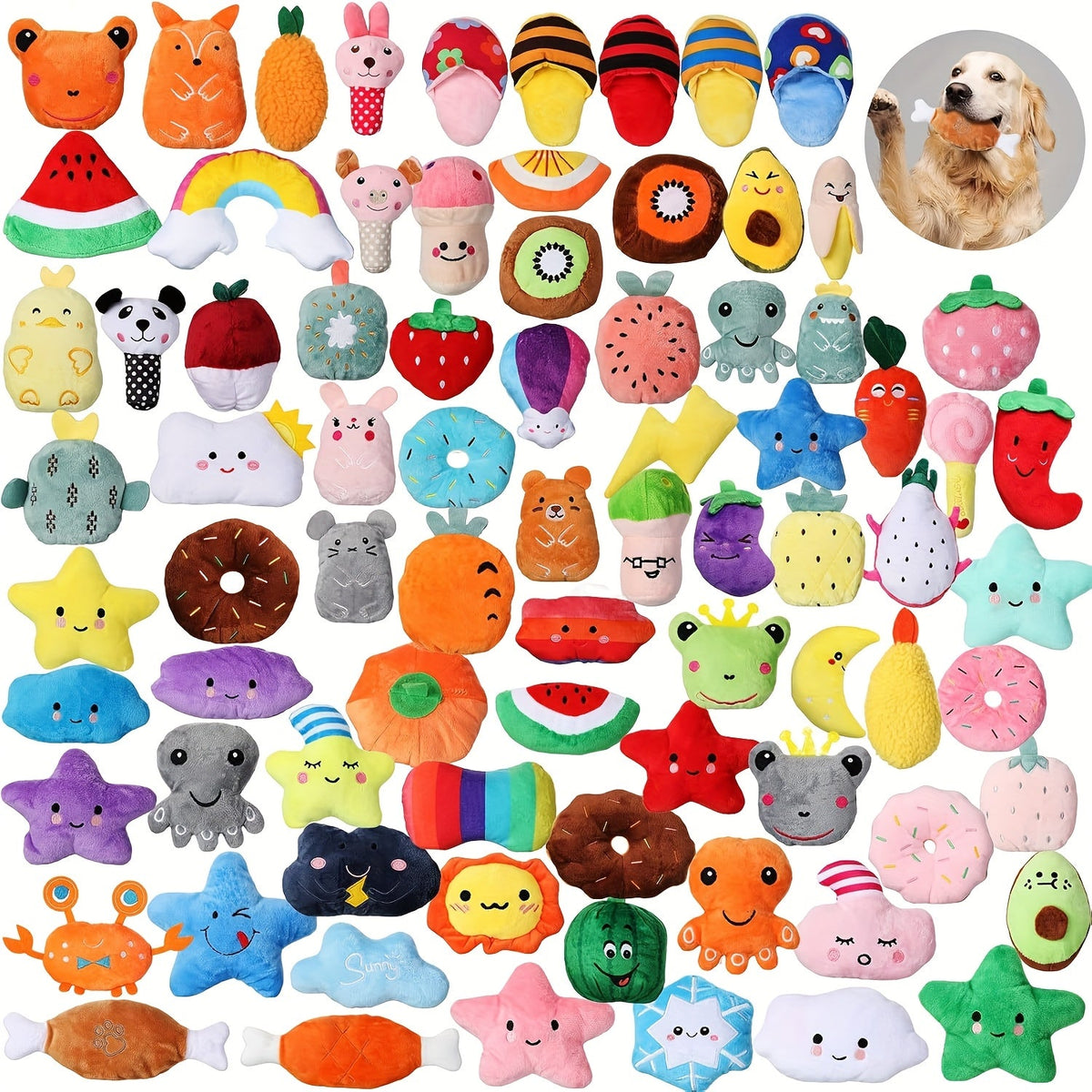 Squeaky Plush Dog Toys 80pcs Bulk Set - Colorful Fruit & Animal Shaped Stuffed Toys for Small Medium Dogs, Teething Puppy Toys Variety Pack, Interactive Plush Chew Toys for Playtime & Boredom Relief