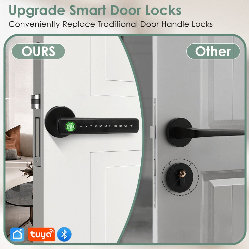 Aluminum Alloy Smart Door Handle Lock 4-in-1 with Fingerprint, Password, App & Key, Left & Right Hand Compatible, Heavy-Duty Keyless Entry Electronic Handle for Apartment Hotel Bedroom Interior Door