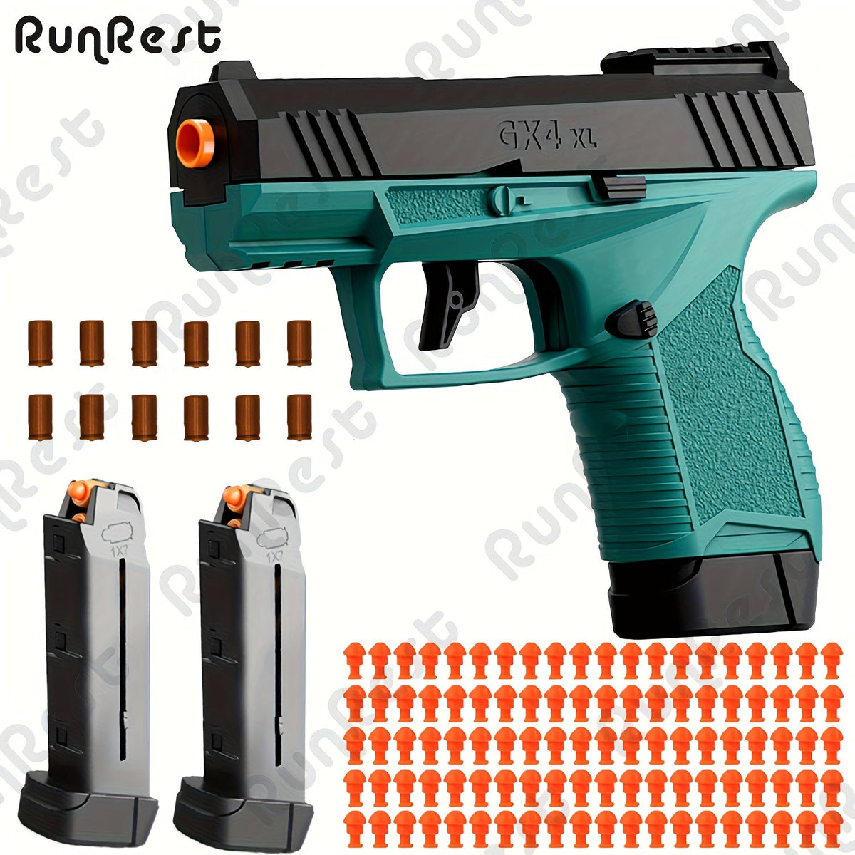 Soft Bullet Toy Gun with Jumping Shell & 2 Magazines – 100 Bullets 12 Shells Auto Rebound Decompression Pistol Shooting Toy for Kids Boys Ages 6+, Indoor Outdoor Play Birthday Gift