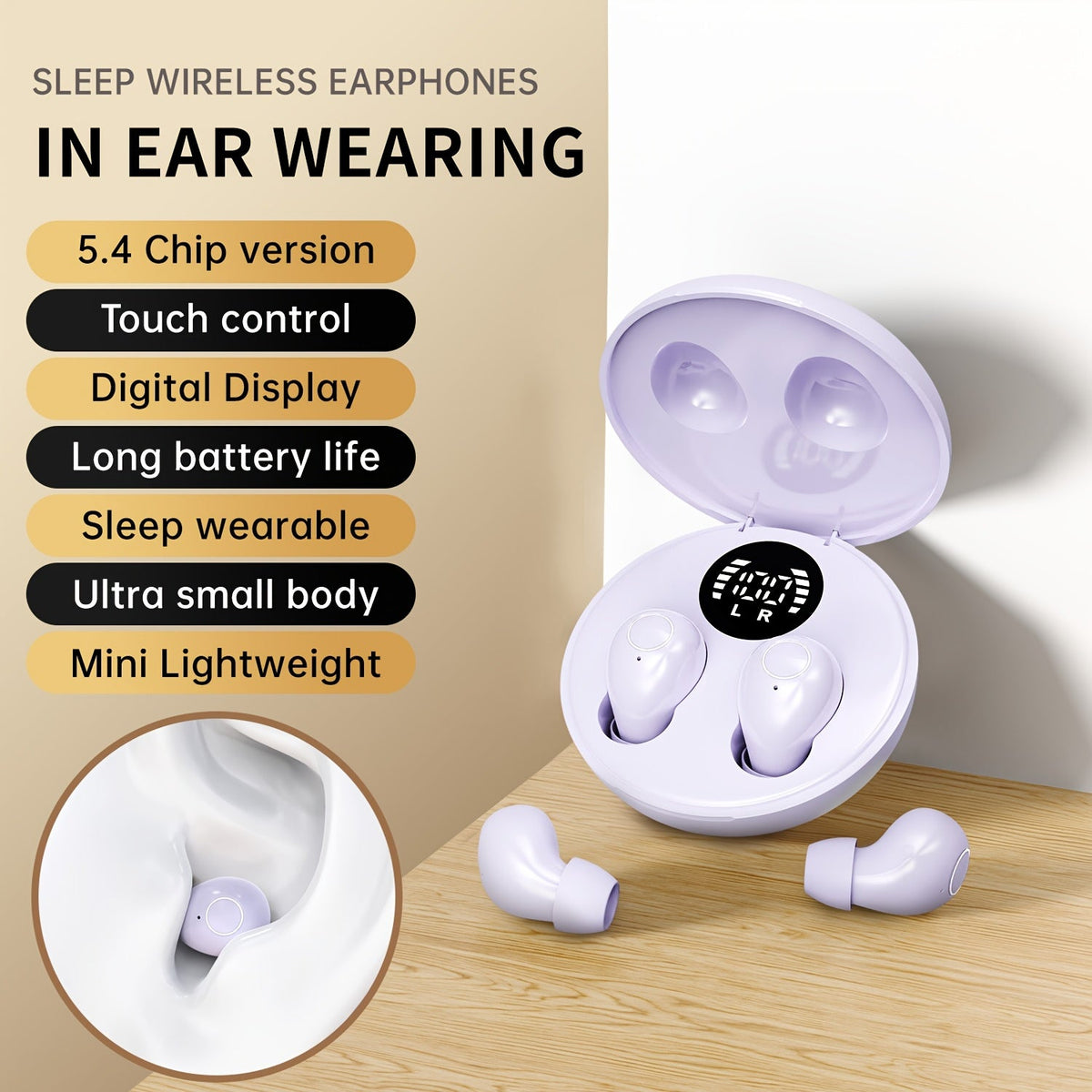 Sleep Bluetooth Earphones Ultra-Thin Design Deep Sleep Mode 18D Bass Microphone Wireless for Home Travel Running Music Unisex Gift MSHUCOE