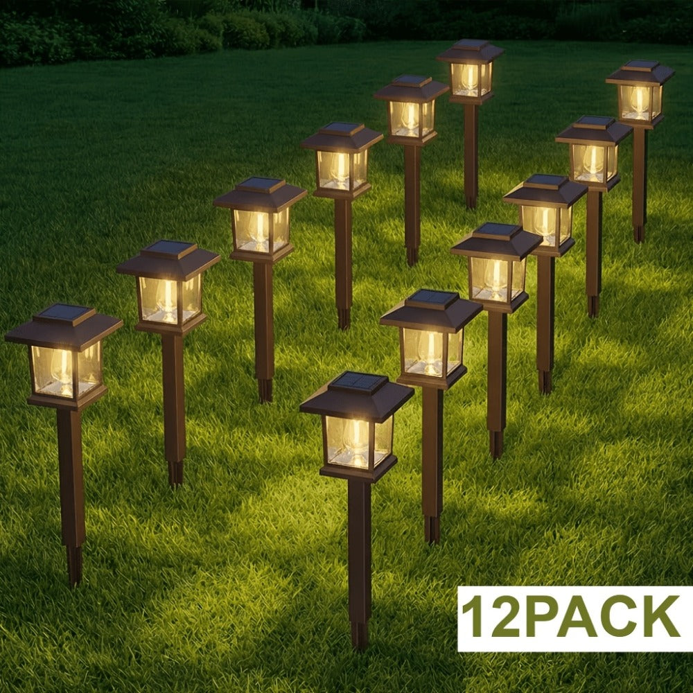 Solar Pathway Lights Outdoor Edison Style LED – Up to 12 Hours Auto On/Off IP44 Waterproof | Warm White Solar Garden Lights for Yard, Driveway & Walkway | Black & Brown Upgraded Stake Lights