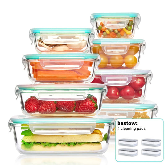 Glass Food Storage Containers with Lids, 16-Piece Green Set in Two Sizes