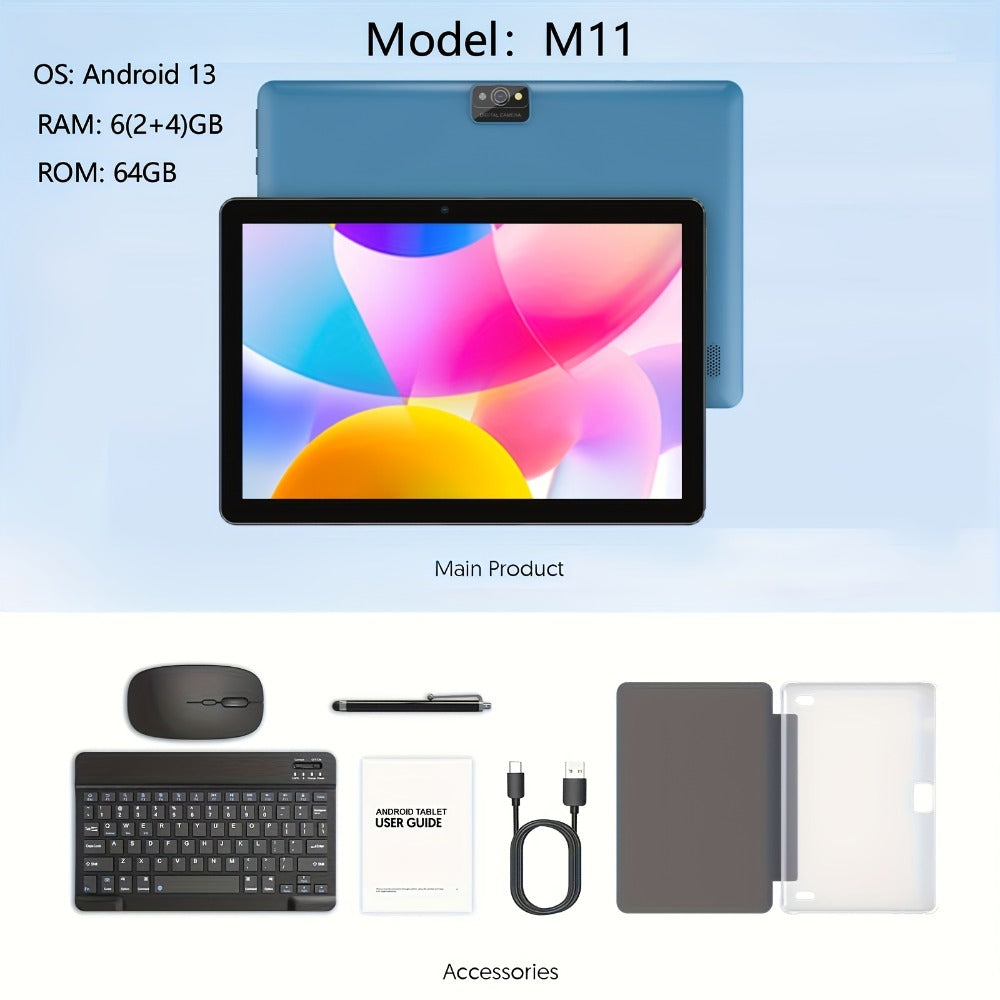 10 Inch 2-in-1 Android Tablet with Keyboard, 64GB ROM 6000mAh Battery, Quad-Core WiFi Tablet with Optional Keyboard Case Mouse & Stylus, 2MP+8MP Dual Camera, 1TB Expandable Storage