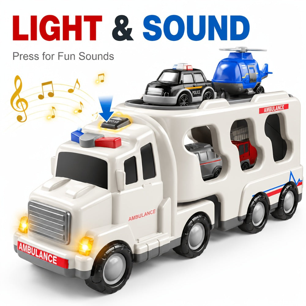 Ambulance Carrier Truck Toy Set, 5-in-1 with Lights, Sound and Rescue Vehicles