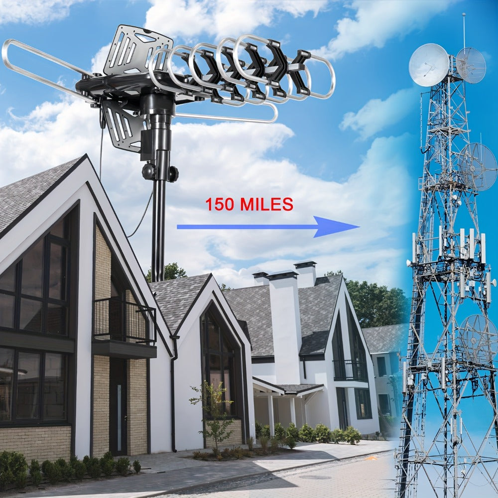 Dual TV Splitter Outdoor Antenna 150 Mile Range – 2026 Smart Digital HDTV, 2 TVs Simultaneously, RG6 Coaxial Cable & Mounting Bracket Included, Attic Rooftop