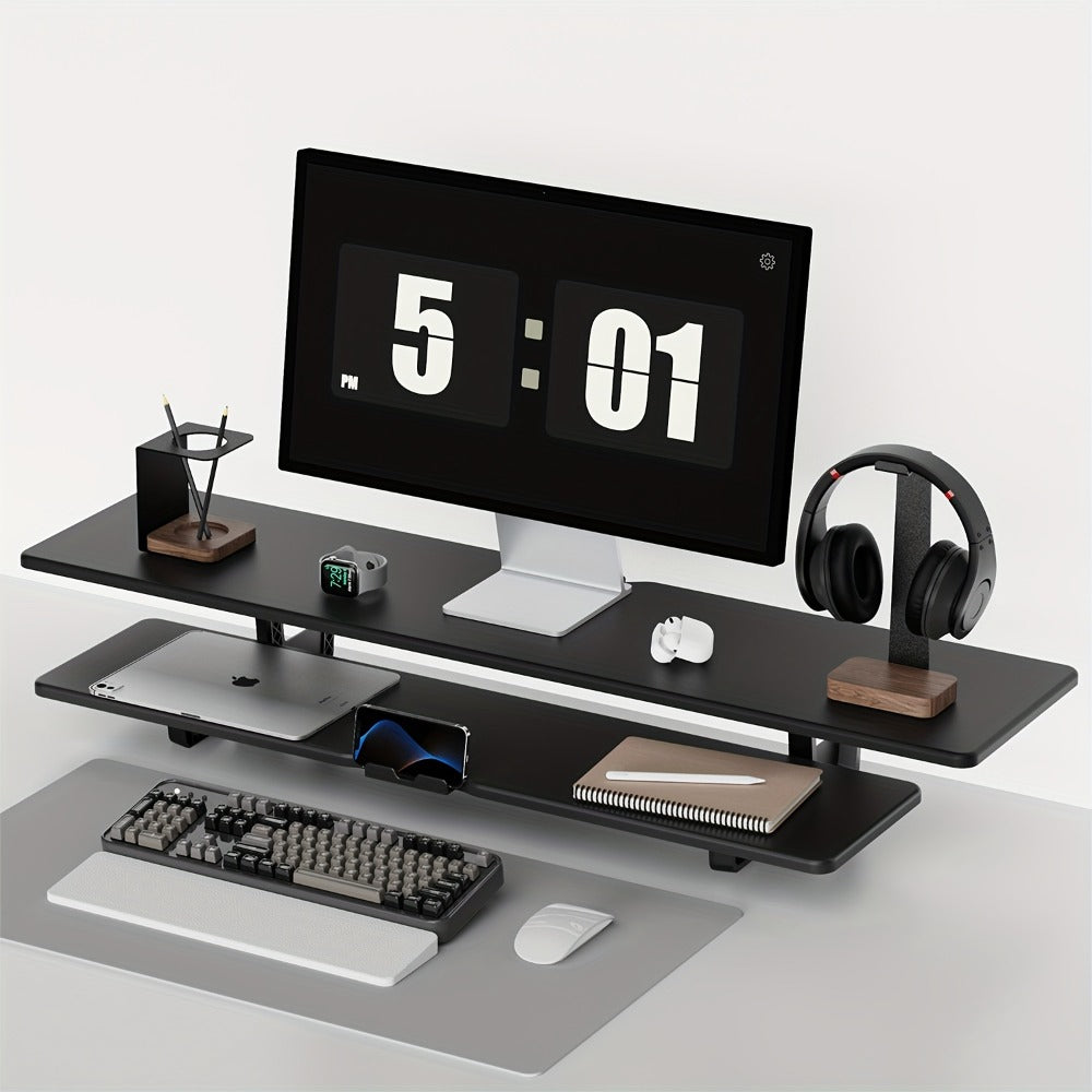 Dual Monitor Stand Riser with Storage E-Sports Style, Adjustable Height Ergonomic Desk Organizer with Cable Management, Modern Minimalist Desktop Stand for Home Office Gaming Setup, Black & White
