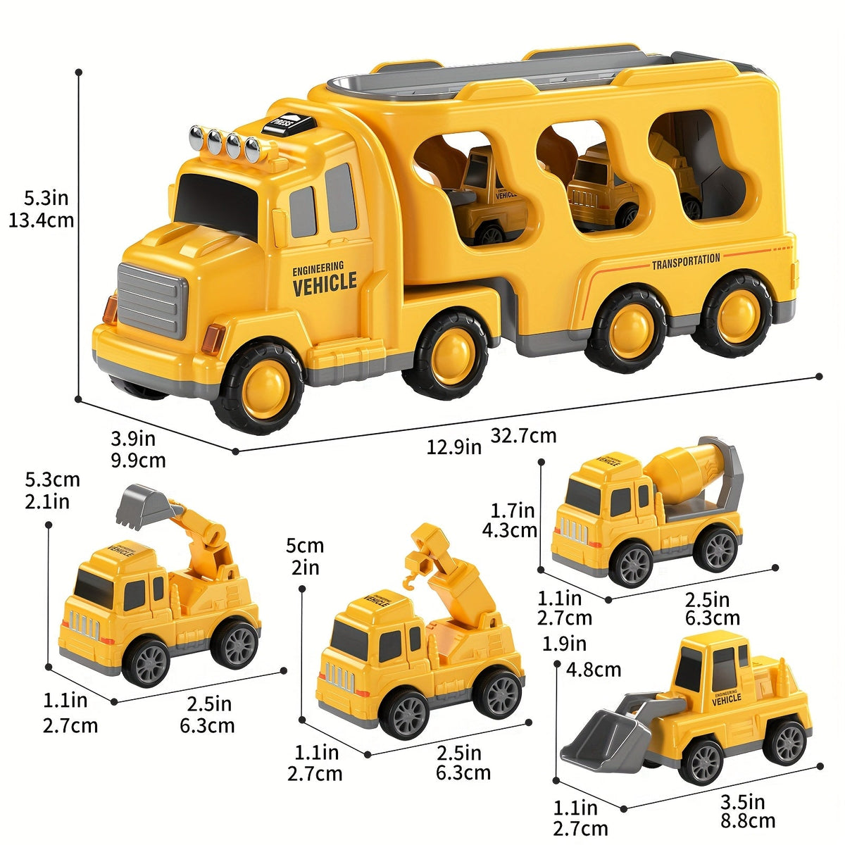 Construction Carrier Truck Toy Set for Kids Ages 3-7 – Large Transport Truck with 4 Mini Engineering Vehicles Excavator Crane Cement Mixer Bulldozer Friction Powered Yellow Gift Boys Girls