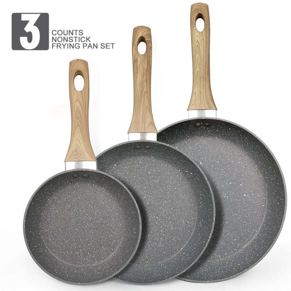 Non-Stick Frying Pan Set 3-Piece 7 9.5 11 Inch – Dishwasher Safe Skillet Set with Insulated Handle | Induction Compatible Home Kitchen Pans in Beige Grey & Black | Durable Even-Heating Cookware